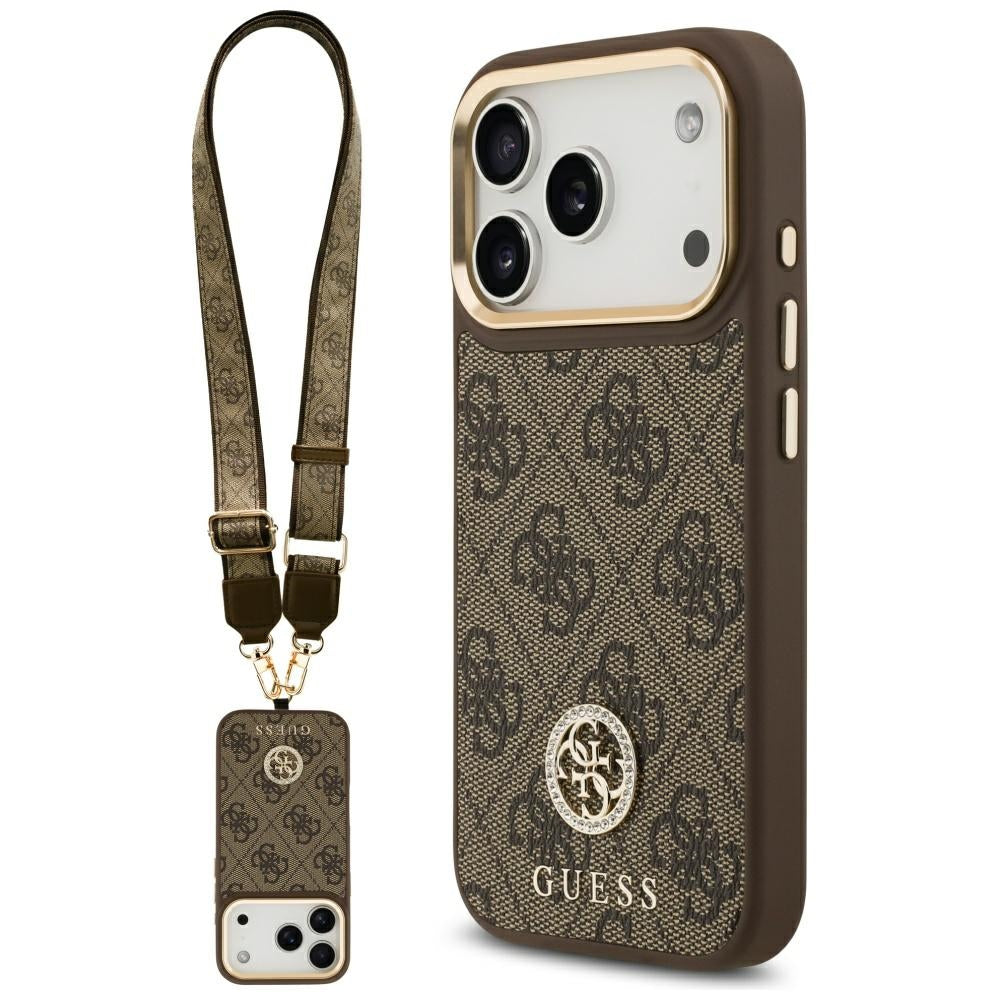 MagSafe-kotelo Apple iPhone 17 Prolle, Guess, 4G Strass -logo isolla hihnalla, Ruskea
