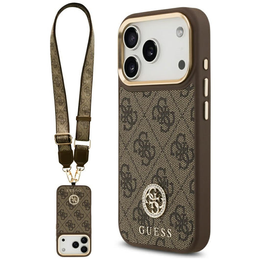 MagSafe-kotelo Apple iPhone 17 Prolle, Guess, 4G Strass -logo isolla hihnalla, Ruskea
