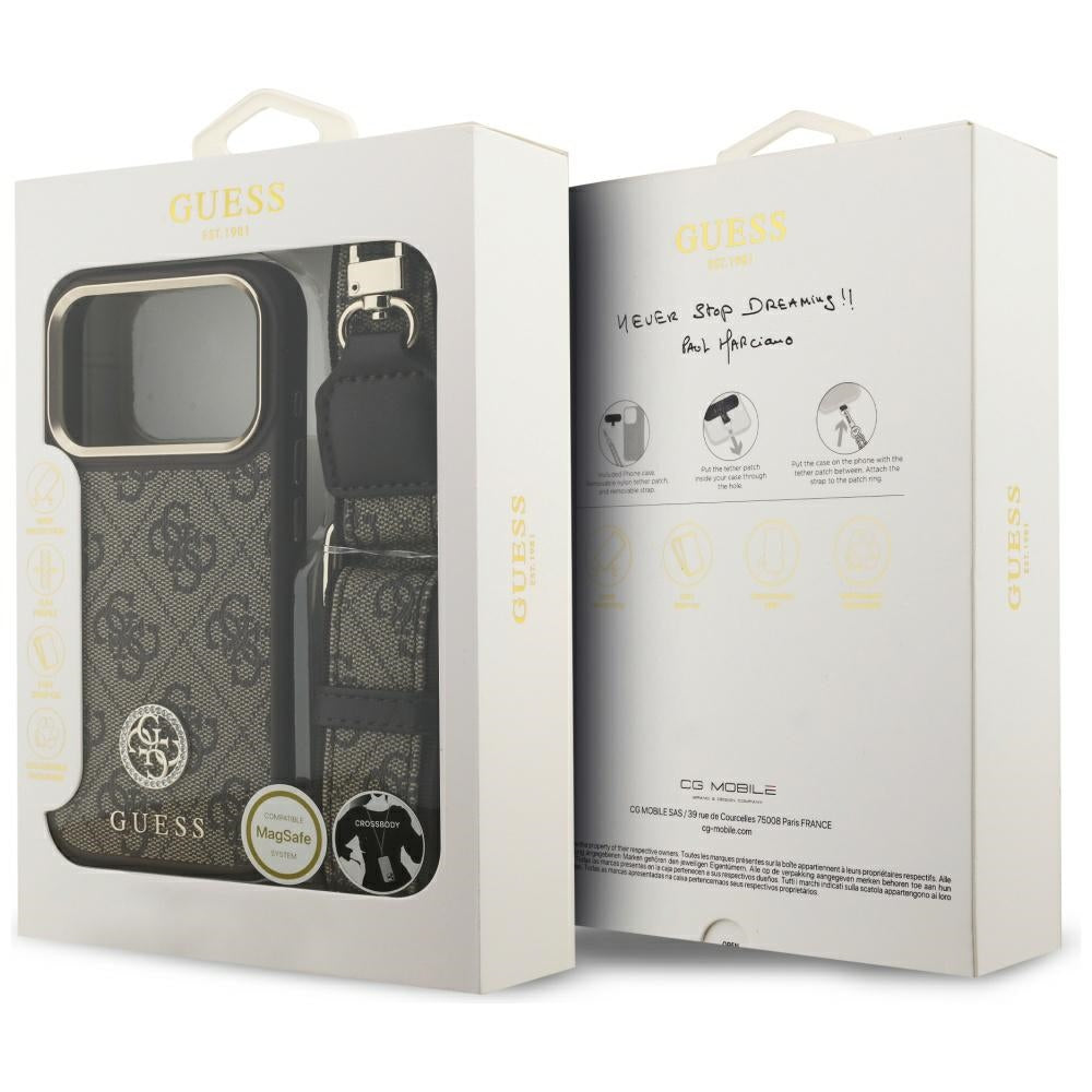 MagSafe-kotelo Apple iPhone 17 Prolle, Guess, 4G Strass -logo isolla hihnalla, Ruskea