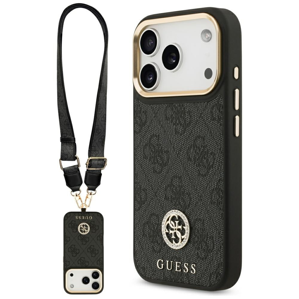 MagSafe-kotelo Apple iPhone 17 Prolle, Guess, 4G Strass -logo isolla hihnalla, Musta