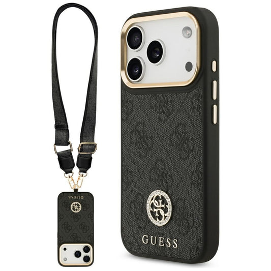 MagSafe-kotelo Apple iPhone 17 Prolle, Guess, 4G Strass -logo isolla hihnalla, Musta