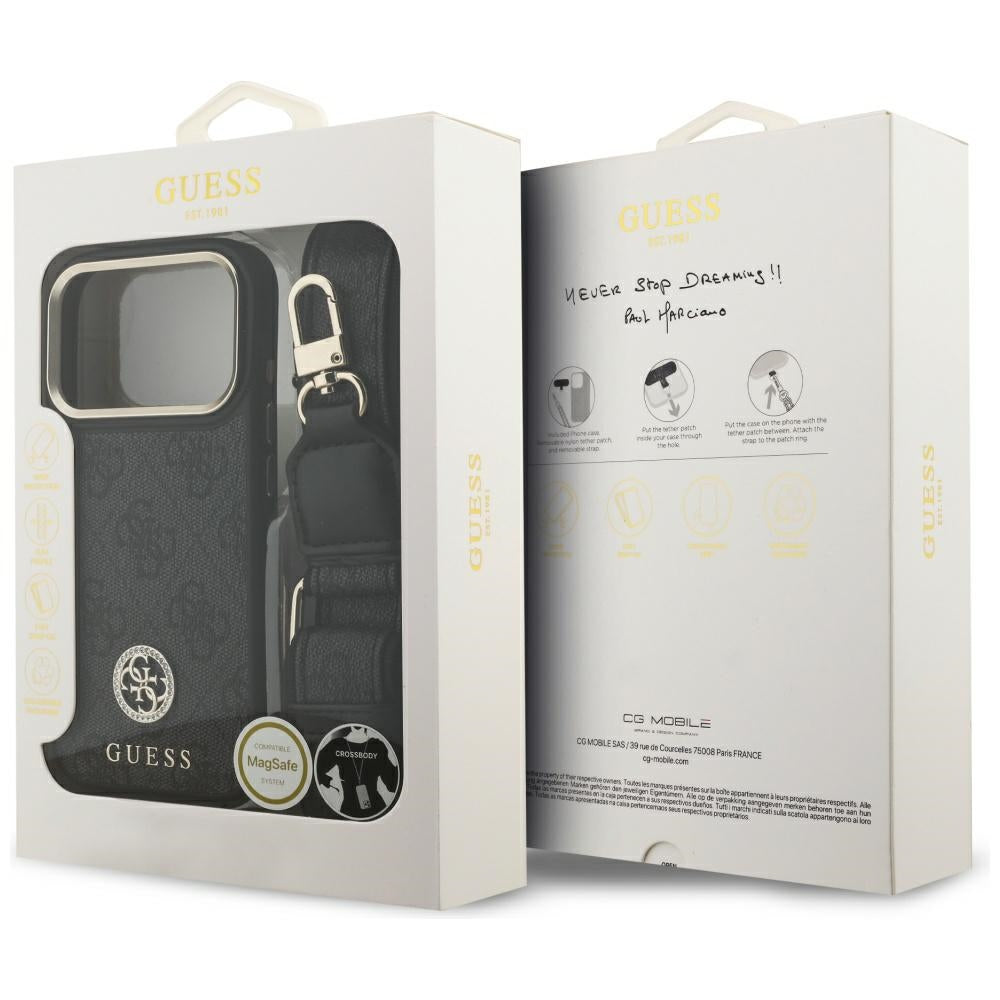 MagSafe-kotelo Apple iPhone 17 Prolle, Guess, 4G Strass -logo isolla hihnalla, Musta
