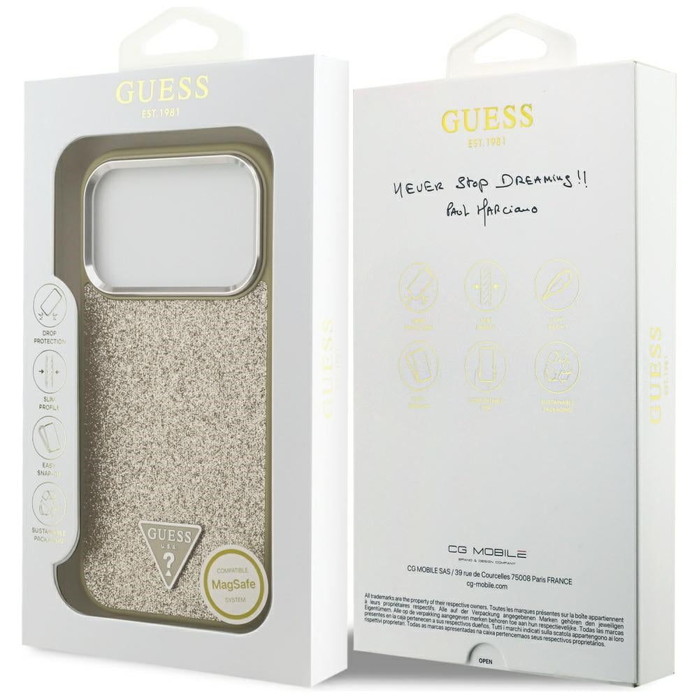 MagSafe-kotelo Apple iPhone 17 Prolle, Guess, Glitter Triangle Logo, Kultainen