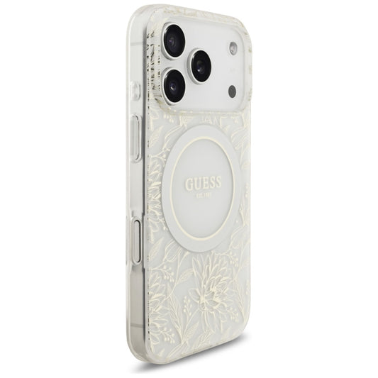 MagSafe-kotelo Apple iPhone 17 Prolle, Guess, IML Flowers Allover Electroplated with Pearl Strap, Valkoinen