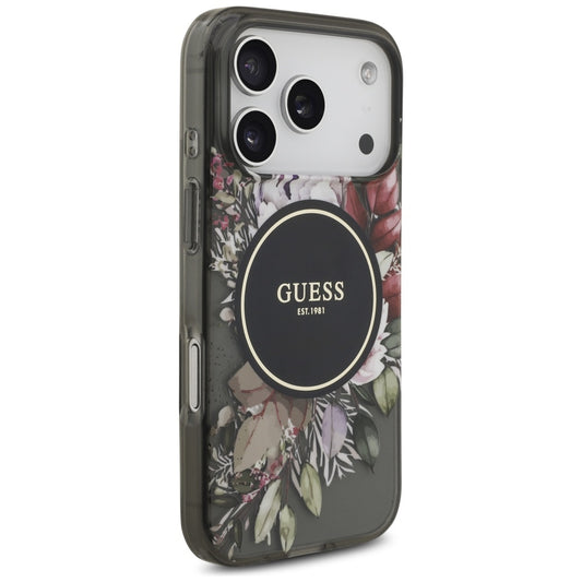 MagSafe-kotelo Apple iPhone 17 Prolle, Guess, IML Flowers with Pearl Strap, Musta