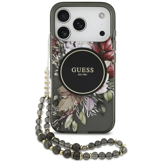 MagSafe-kotelo Apple iPhone 17 Prolle, Guess, IML Flowers with Pearl Strap, Musta