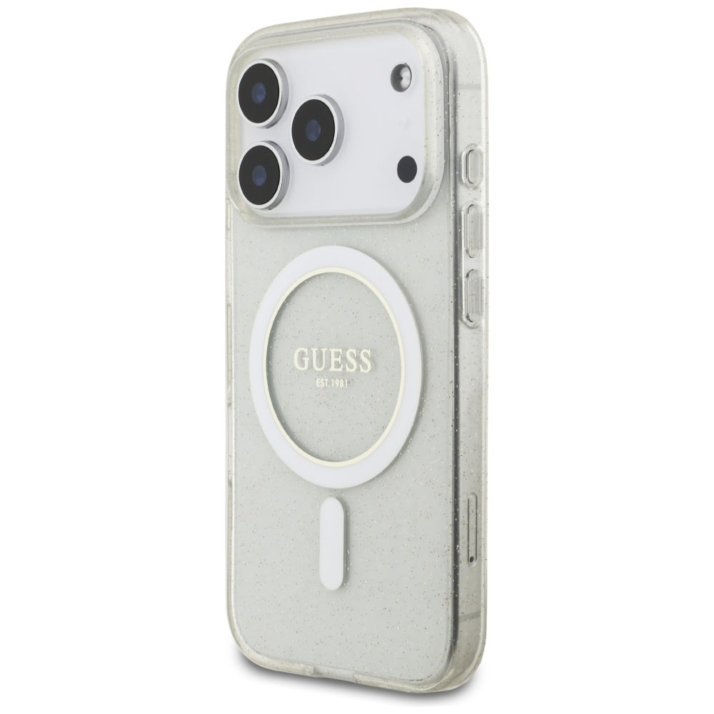 MagSafe-kotelo Apple iPhone 17 Prolle, Guess, IML Glitter Pearl-hihnalla, Läpinäkyvä