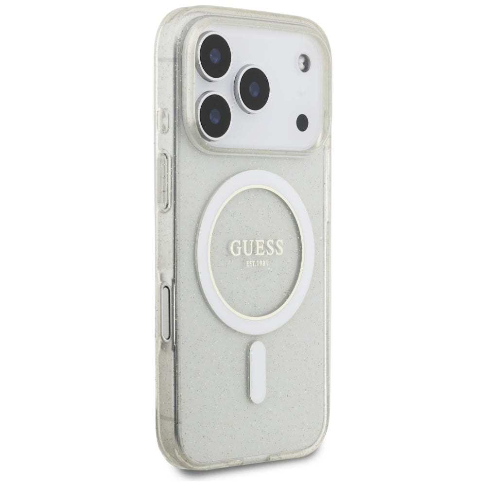 MagSafe-kotelo Apple iPhone 17 Prolle, Guess, IML Glitter Pearl-hihnalla, Läpinäkyvä