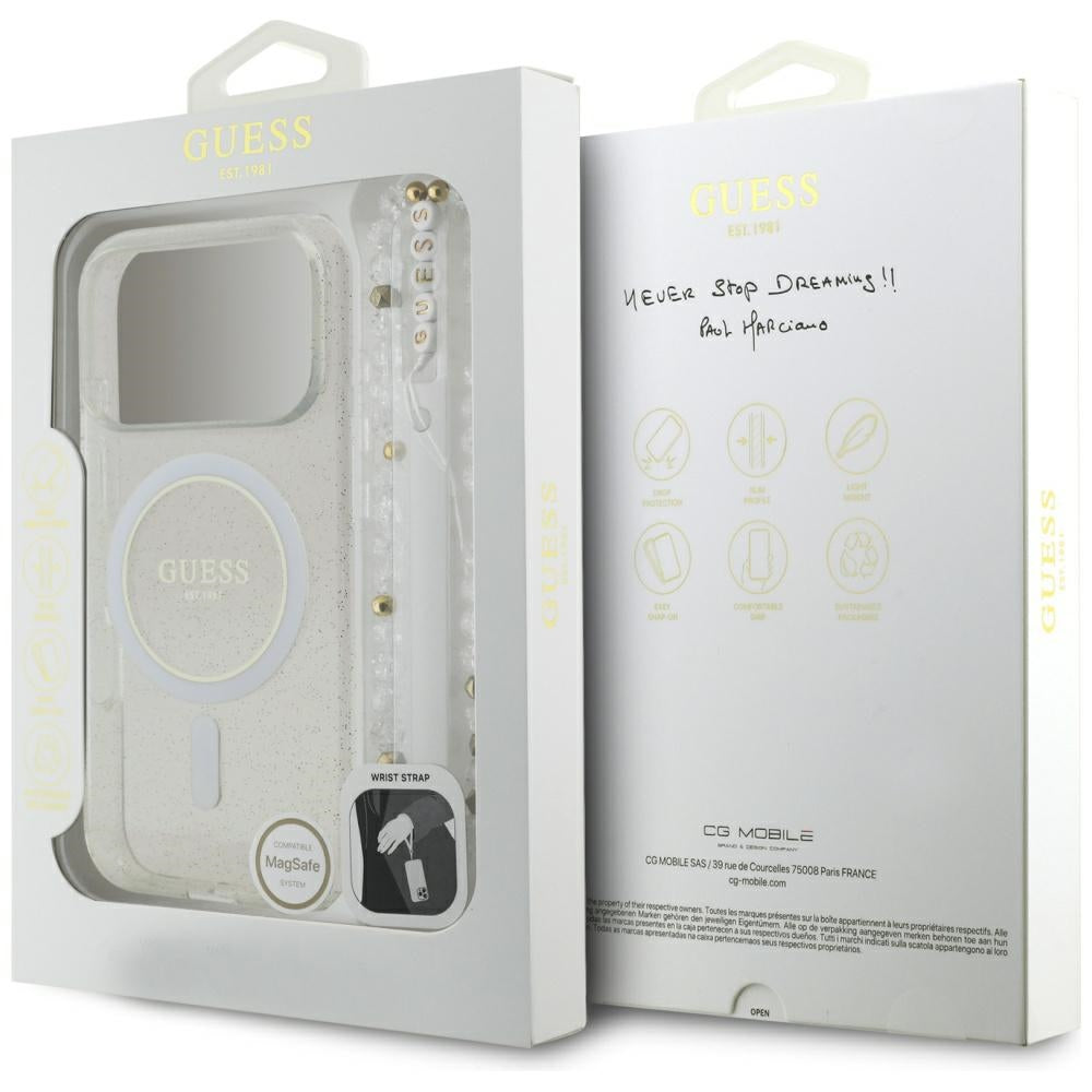 MagSafe-kotelo Apple iPhone 17 Prolle, Guess, IML Glitter Pearl-hihnalla, Läpinäkyvä
