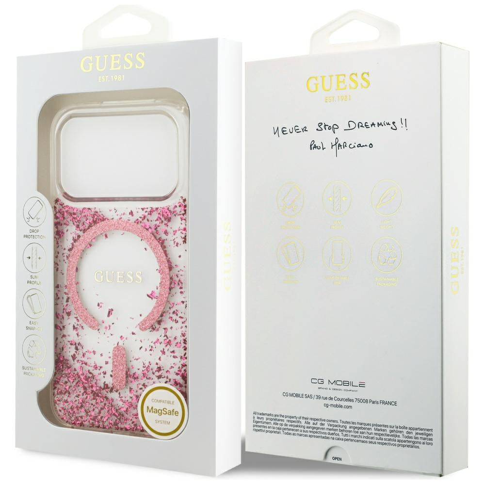 MagSafe-kotelo Apple iPhone 17 Prolle, Guess, Resin Bottom Glitter, Pinkki