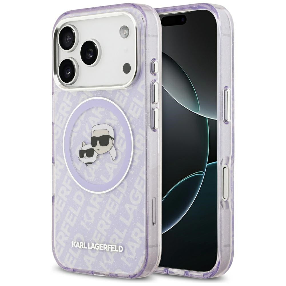MagSafe-kotelo Apple iPhone 17 Prolle, Karl Lagerfeld, IML Glitter Karl & Choupette's Heads, Violetti