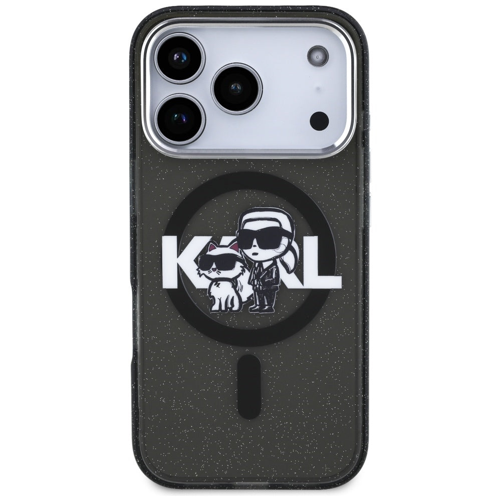 MagSafe-kotelo Apple iPhone 17 Prolle, Karl Lagerfeld, IML Sketch Logo Glitter Karl & Choupette, Musta