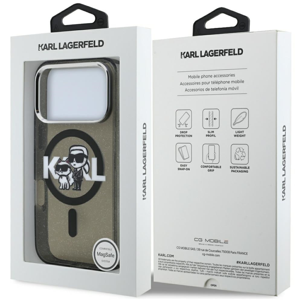 MagSafe-kotelo Apple iPhone 17 Prolle, Karl Lagerfeld, IML Sketch Logo Glitter Karl & Choupette, Musta