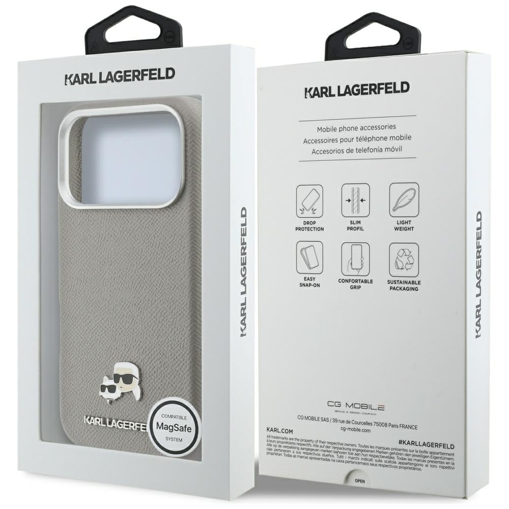MagSafe-kotelo Apple iPhone 17 Prolle, Karl Lagerfeld, Saffiano Karl & Choupette Pins, Harmaa