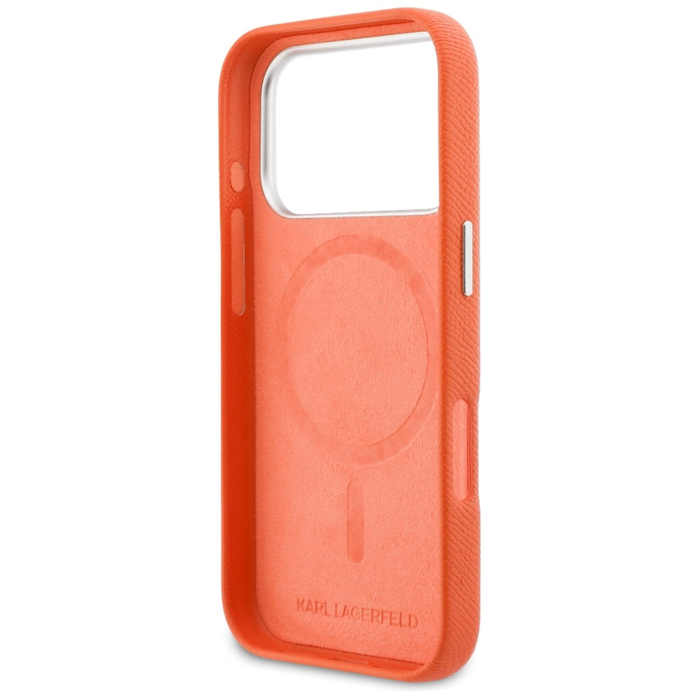 MagSafe-kotelo Apple iPhone 17 Prolle, Karl Lagerfeld, Saffiano Karl & Choupette Pins, Oranssi