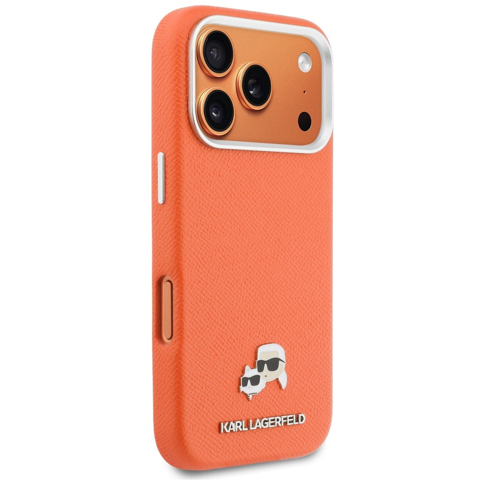 MagSafe-kotelo Apple iPhone 17 Prolle, Karl Lagerfeld, Saffiano Karl & Choupette Pins, Oranssi
