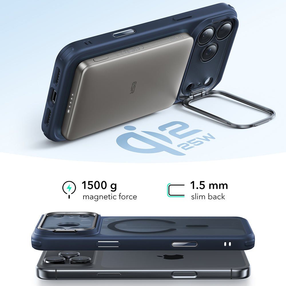 MagSafe-kotelo Apple iPhone 17 Pro Maxille, ESR, Classic Hybrid Kickstand, Satinoitu Sininen