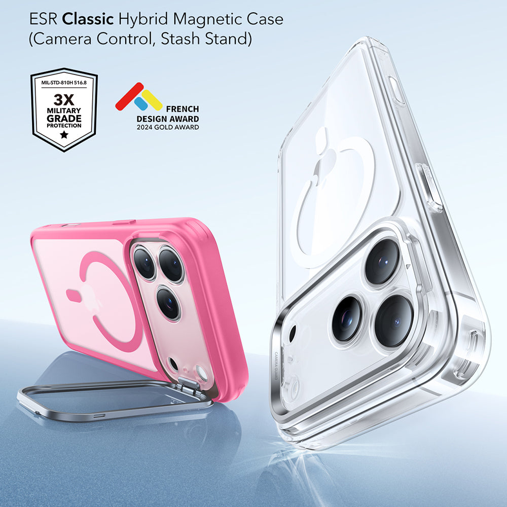MagSafe-kotelo Apple iPhone 17 Pro Maxille, ESR, Classic Hybrid Kickstand, Satinoitu Vaaleanpunainen