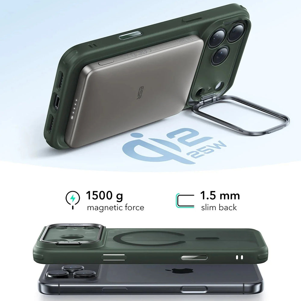 MagSafe-kotelo Apple iPhone 17 Pro Max:lle, ESR, Classic Hybrid, Satinoitu Vihreä