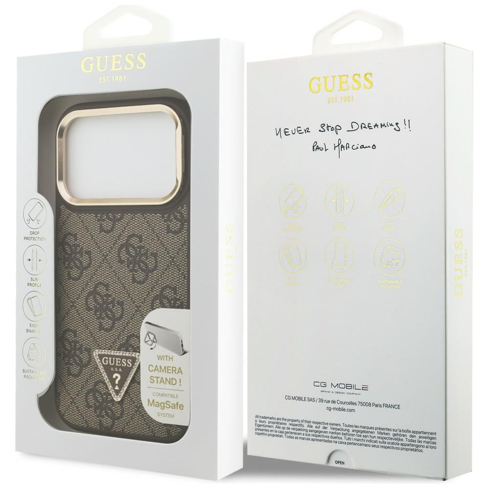 MagSafe-kotelo Apple iPhone 17 Pro Maxille, Guess, 4G Triangle Logo with Stand Camera, Kultainen Ruskea