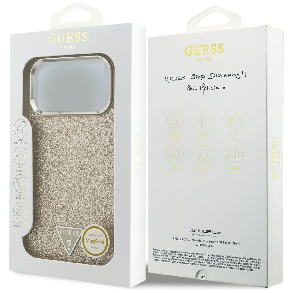 MagSafe-kotelo Apple iPhone 17 Pro Maxille, Guess, Glitter Triangle Logo, Kultainen