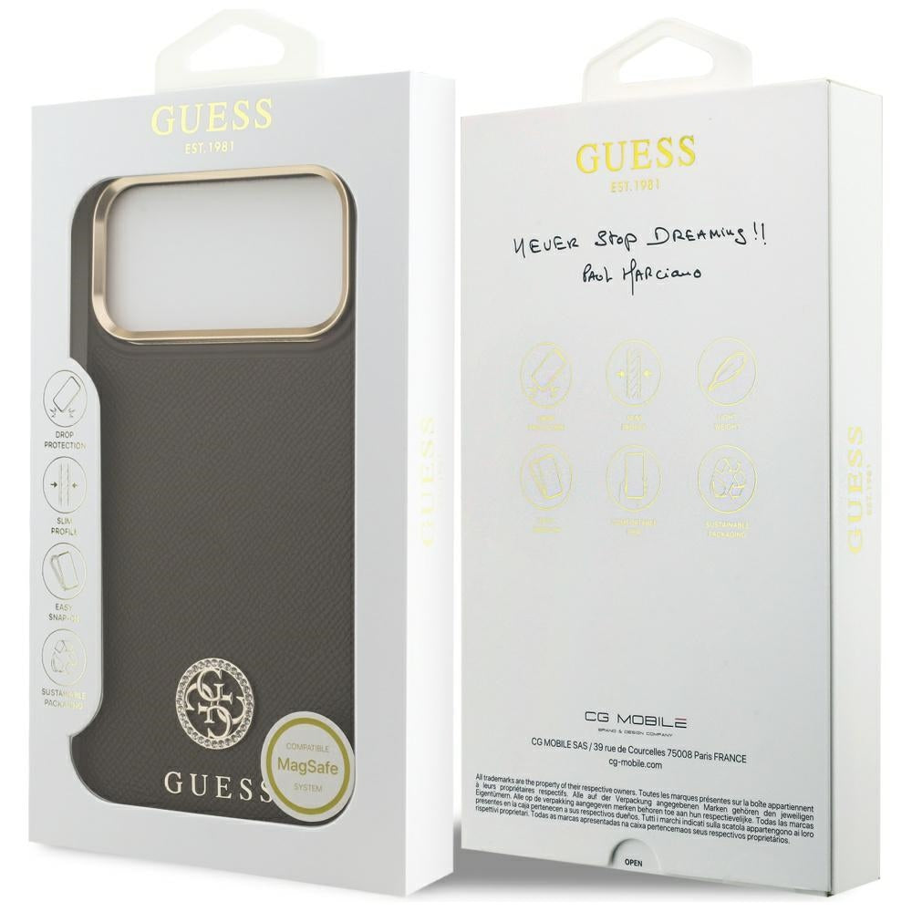 MagSafe-kotelo Apple iPhone 17 Pro Maxille, Guess, Grained Strass Logo, Ruskea