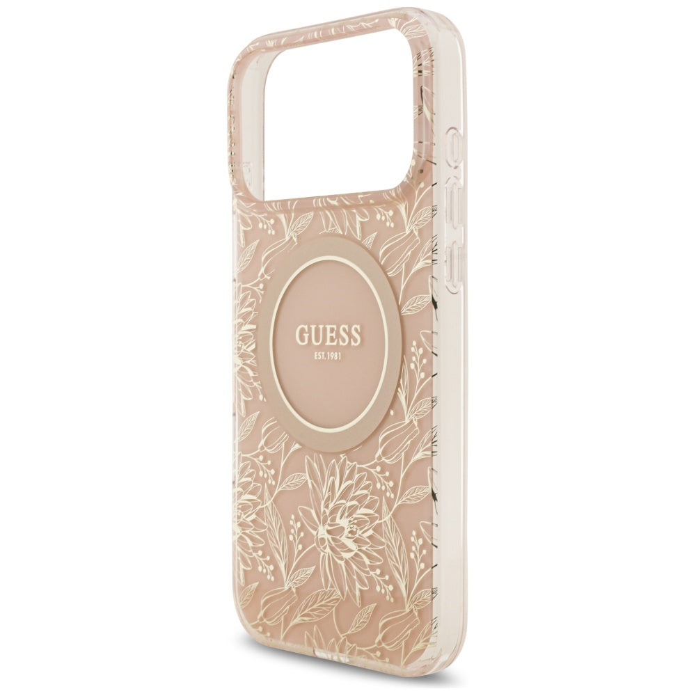 MagSafe-kotelo Apple iPhone 17 Pro Maxille, Guess, IML Flowers Allover Electroplated with Pearl Strap, Pinkki