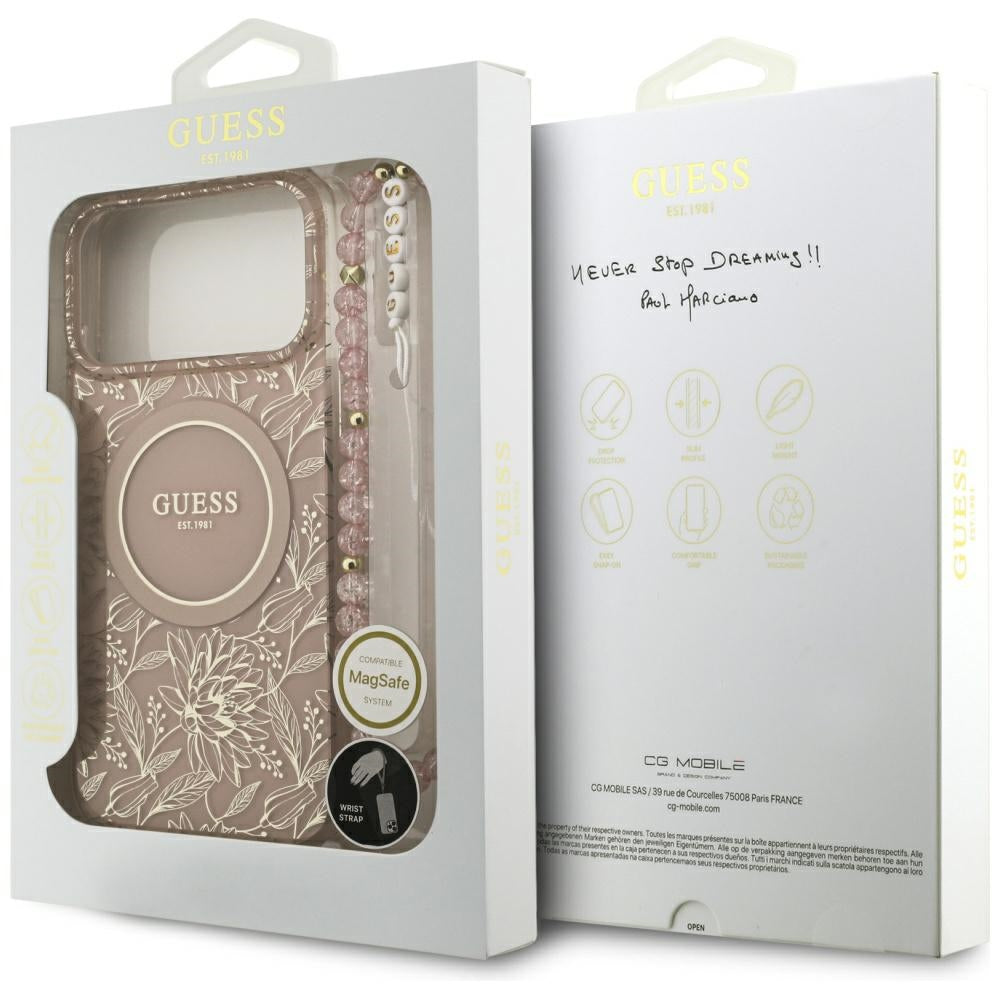 MagSafe-kotelo Apple iPhone 17 Pro Maxille, Guess, IML Flowers Allover Electroplated with Pearl Strap, Pinkki