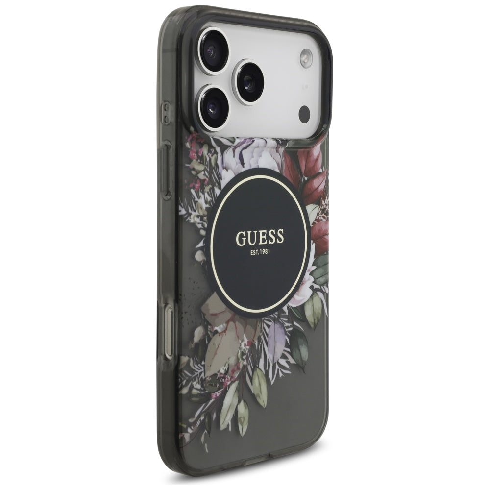 MagSafe-kotelo Apple iPhone 17 Pro Maxille, Guess, IML Flowers with Pearl Strap, Musta