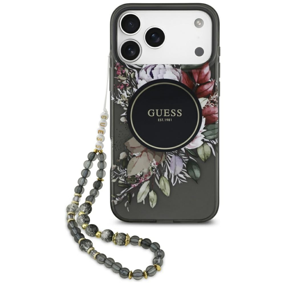 MagSafe-kotelo Apple iPhone 17 Pro Maxille, Guess, IML Flowers with Pearl Strap, Musta