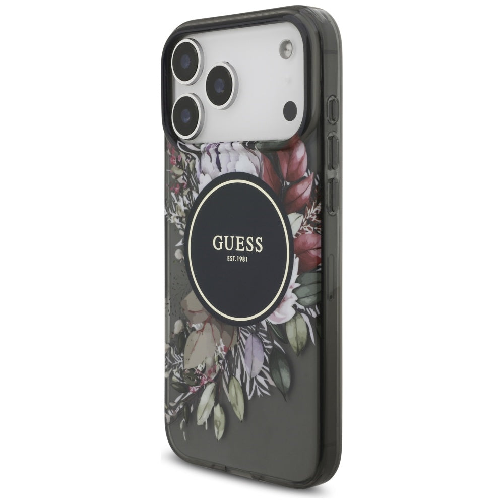 MagSafe-kotelo Apple iPhone 17 Pro Maxille, Guess, IML Flowers with Pearl Strap, Musta