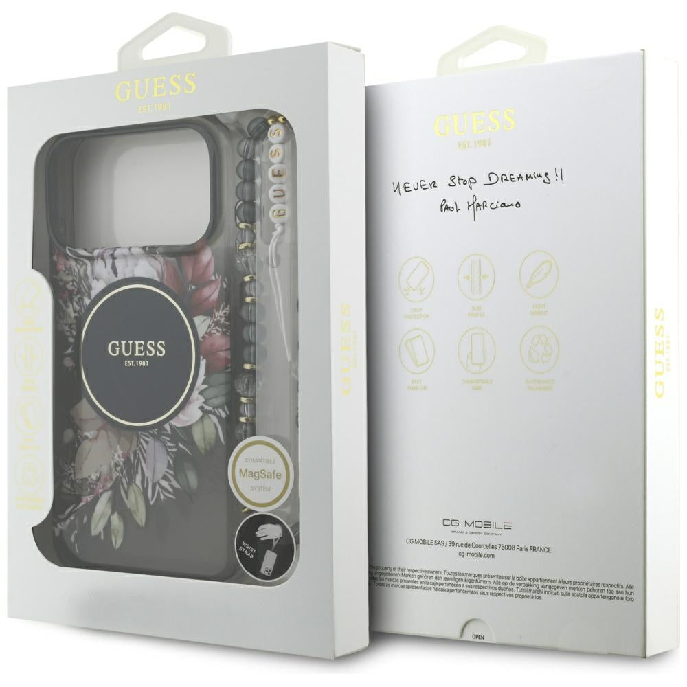 MagSafe-kotelo Apple iPhone 17 Pro Maxille, Guess, IML Flowers with Pearl Strap, Musta