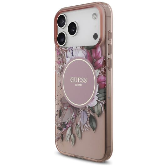MagSafe-kotelo Apple iPhone 17 Pro Maxille, Guess, IML Flowers with Pearl Strap, Pinkki