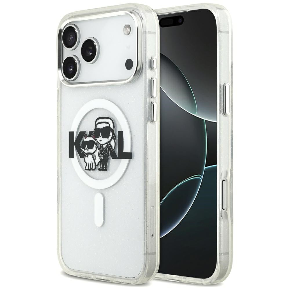 MagSafe-kotelo Apple iPhone 17 Pro Maxille, Karl Lagerfeld, IML Sketch Logo Glitter Karl & Choupette, Läpinäkyvä