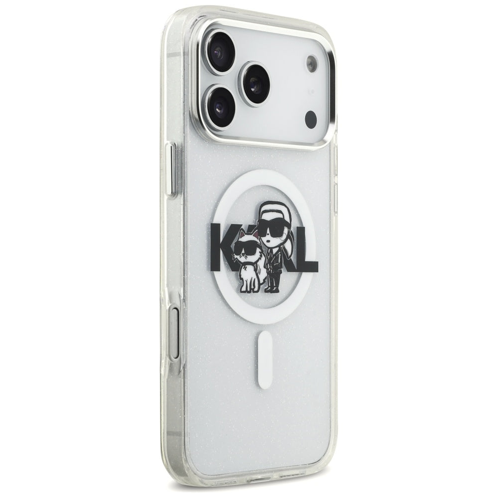 MagSafe-kotelo Apple iPhone 17 Pro Maxille, Karl Lagerfeld, IML Sketch Logo Glitter Karl & Choupette, Läpinäkyvä
