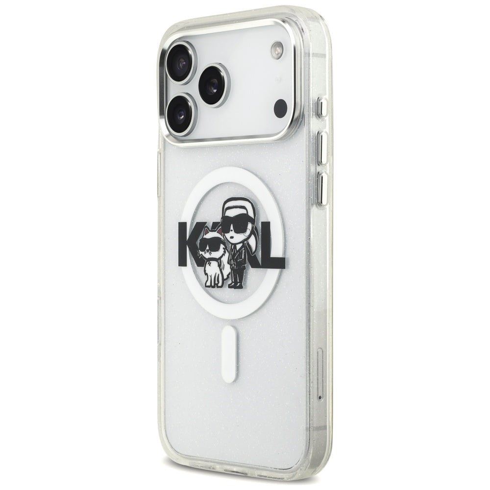 MagSafe-kotelo Apple iPhone 17 Pro Maxille, Karl Lagerfeld, IML Sketch Logo Glitter Karl & Choupette, Läpinäkyvä
