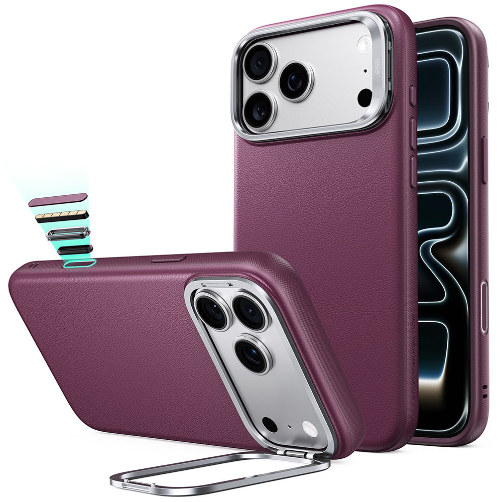 MagSafe-kuori Apple iPhone 18 Pro / 17 Pro:lle, ESR, Atelier jalustalla, Tummanpunainen satiinipintainen