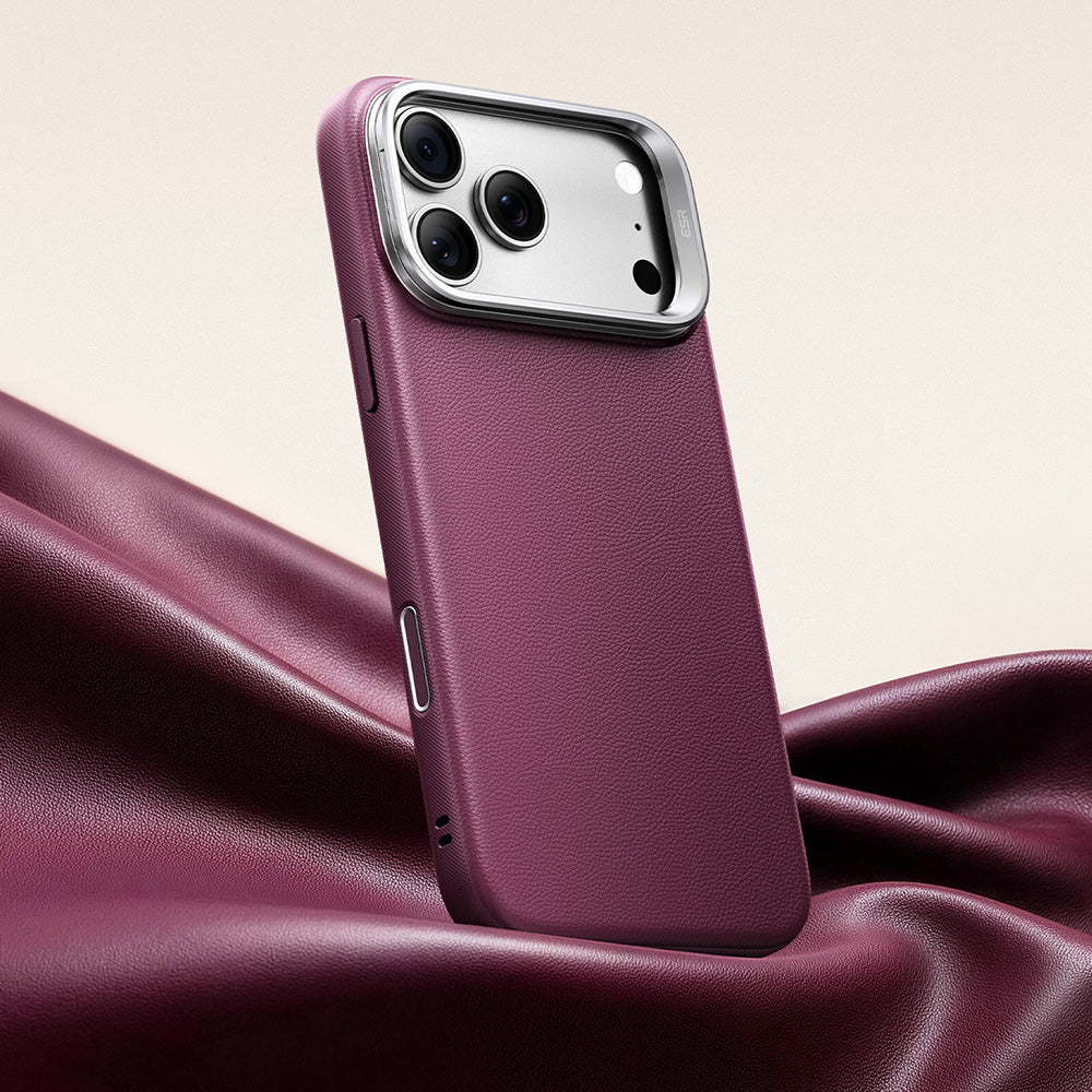 MagSafe-kuori Apple iPhone 18 Pro / 17 Pro:lle, ESR, Atelier jalustalla, Tummanpunainen satiinipintainen