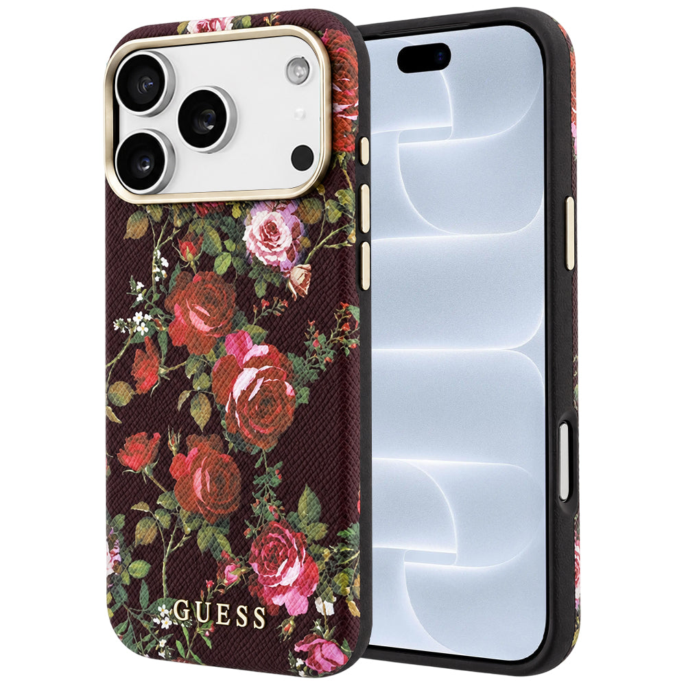 MagSafe-kuori Apple iPhone 18 Pro / 17 Pro -puhelimelle, Guess, Blossom Roses Print, viininpunainen