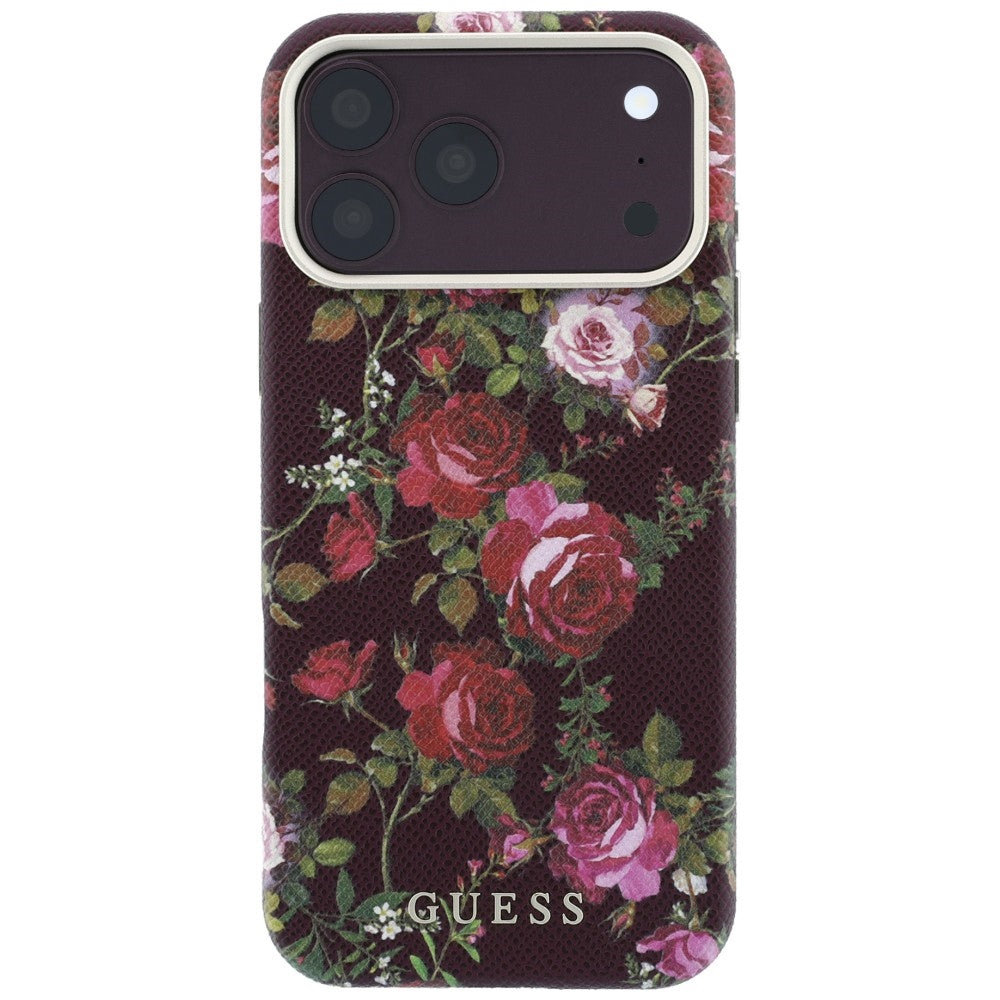MagSafe-kuori Apple iPhone 18 Pro / 17 Pro -puhelimelle, Guess, Blossom Roses Print, viininpunainen