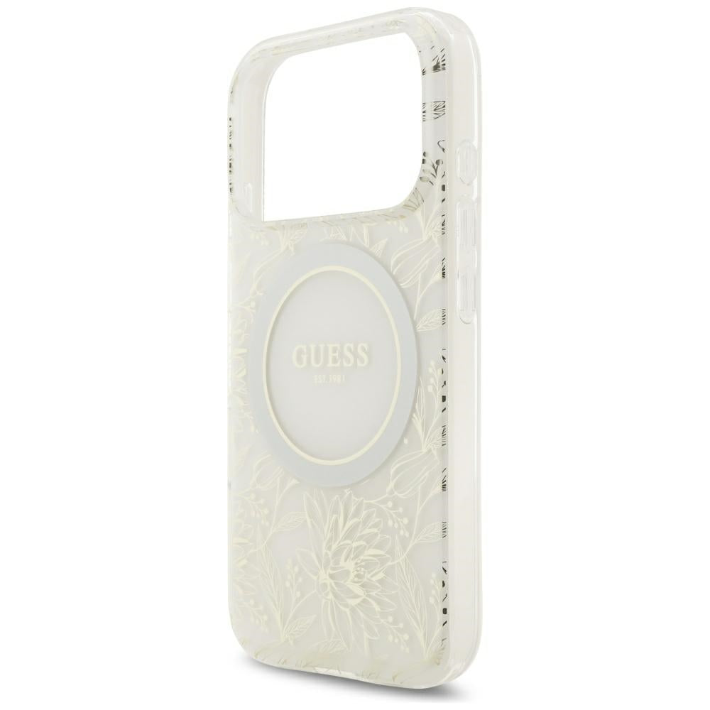MagSafe-kuori Apple iPhone 18 Pro / 17 Pro:lle, Guess, IML-kukat elektrolyyttipinnoitettu helmihihnalla, valkoinen