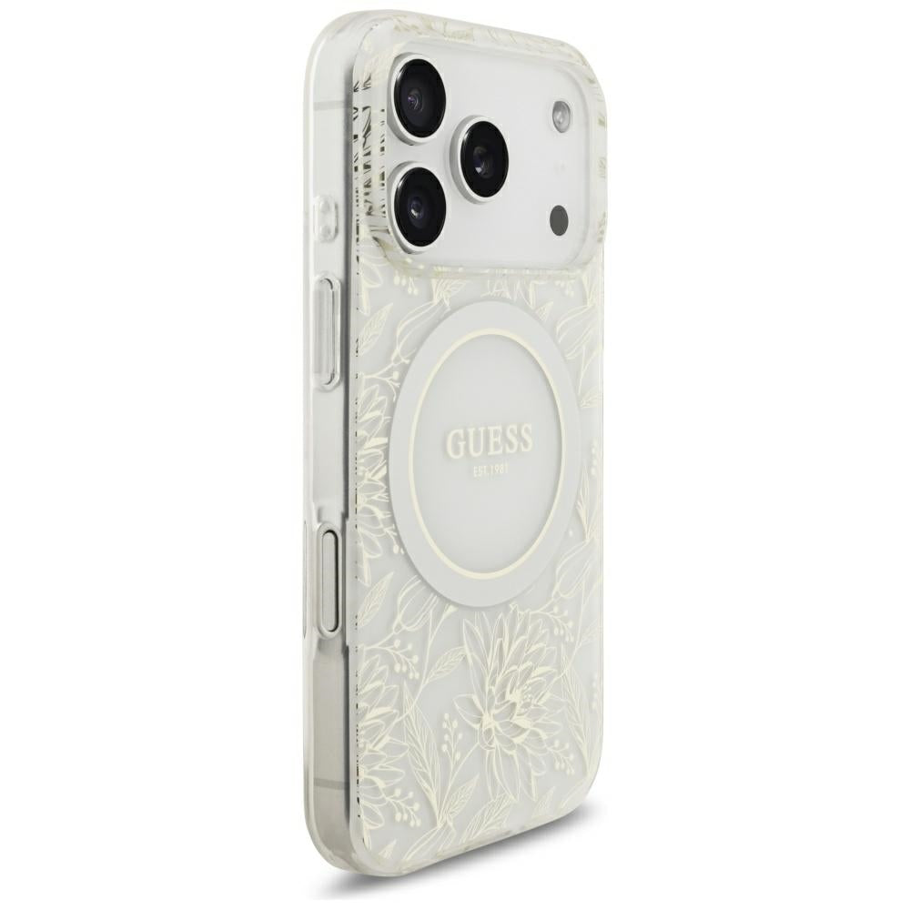 MagSafe-kuori Apple iPhone 18 Pro / 17 Pro:lle, Guess, IML-kukat elektrolyyttipinnoitettu helmihihnalla, valkoinen