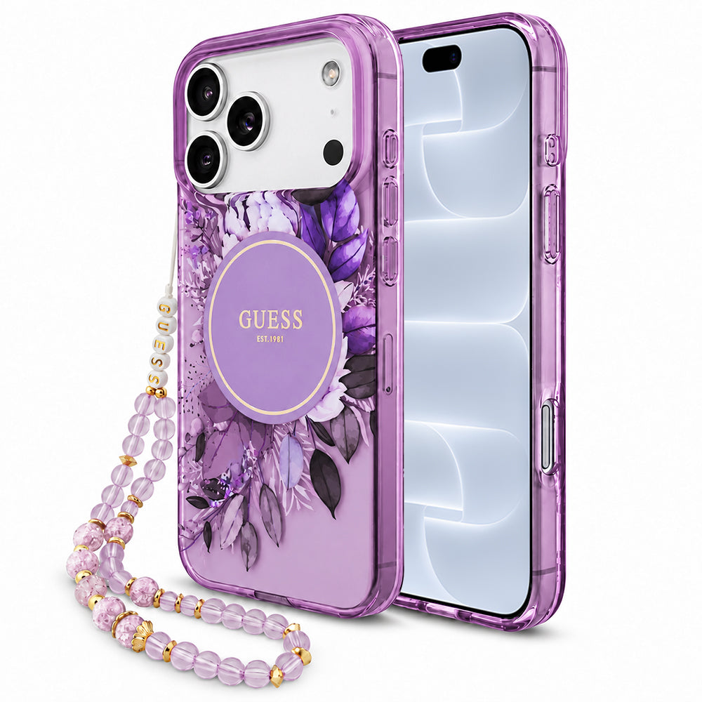 MagSafe-kuori Apple iPhone 18 Pro / 17 Pro -puhelimelle, Guess, IML Flowers with Pearl Strap, violetti