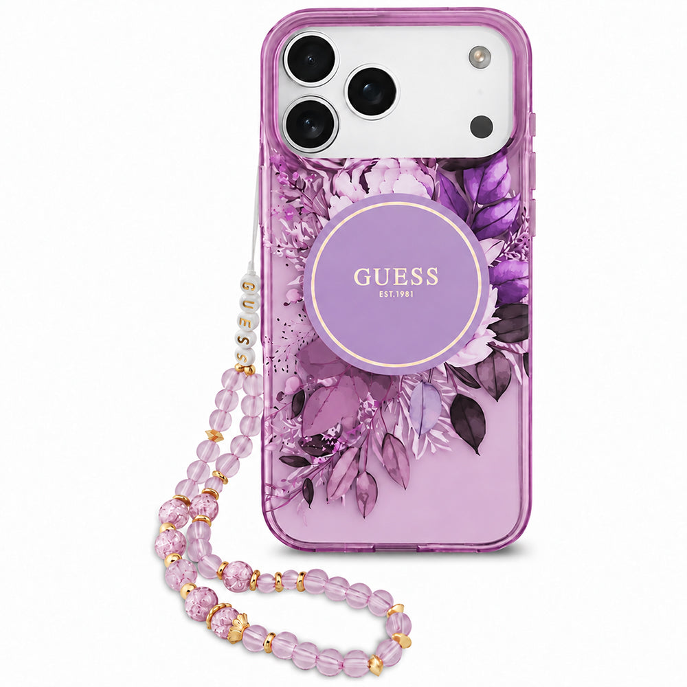 MagSafe-kuori Apple iPhone 18 Pro / 17 Pro -puhelimelle, Guess, IML Flowers with Pearl Strap, violetti