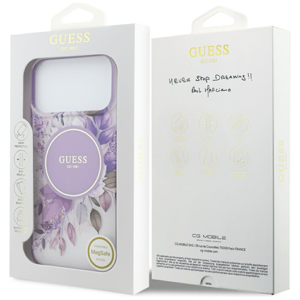 MagSafe-kuori Apple iPhone 18 Pro / 17 Pro -puhelimelle, Guess, IML Flowers with Pearl Strap, violetti
