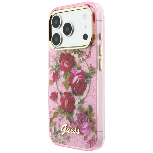 MagSafe-kuori Apple iPhone 18 Pro / 17 Pro:lle, Guess, IML Glitter Blossom Roses, Vaaleanpunainen