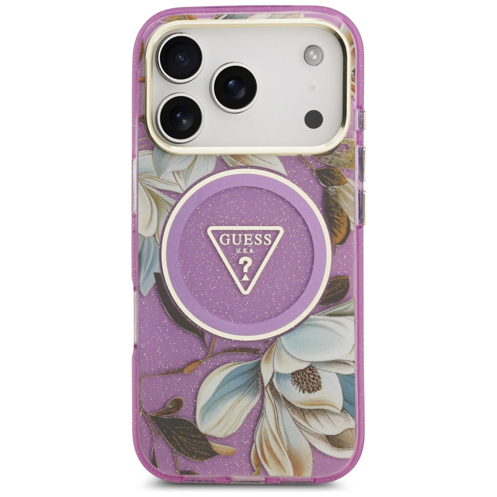 MagSafe-kuori Apple iPhone 18 Pro / 17 Pro:lle, Guess, IML Metallikiilto Kukat Kolmio, Violetti