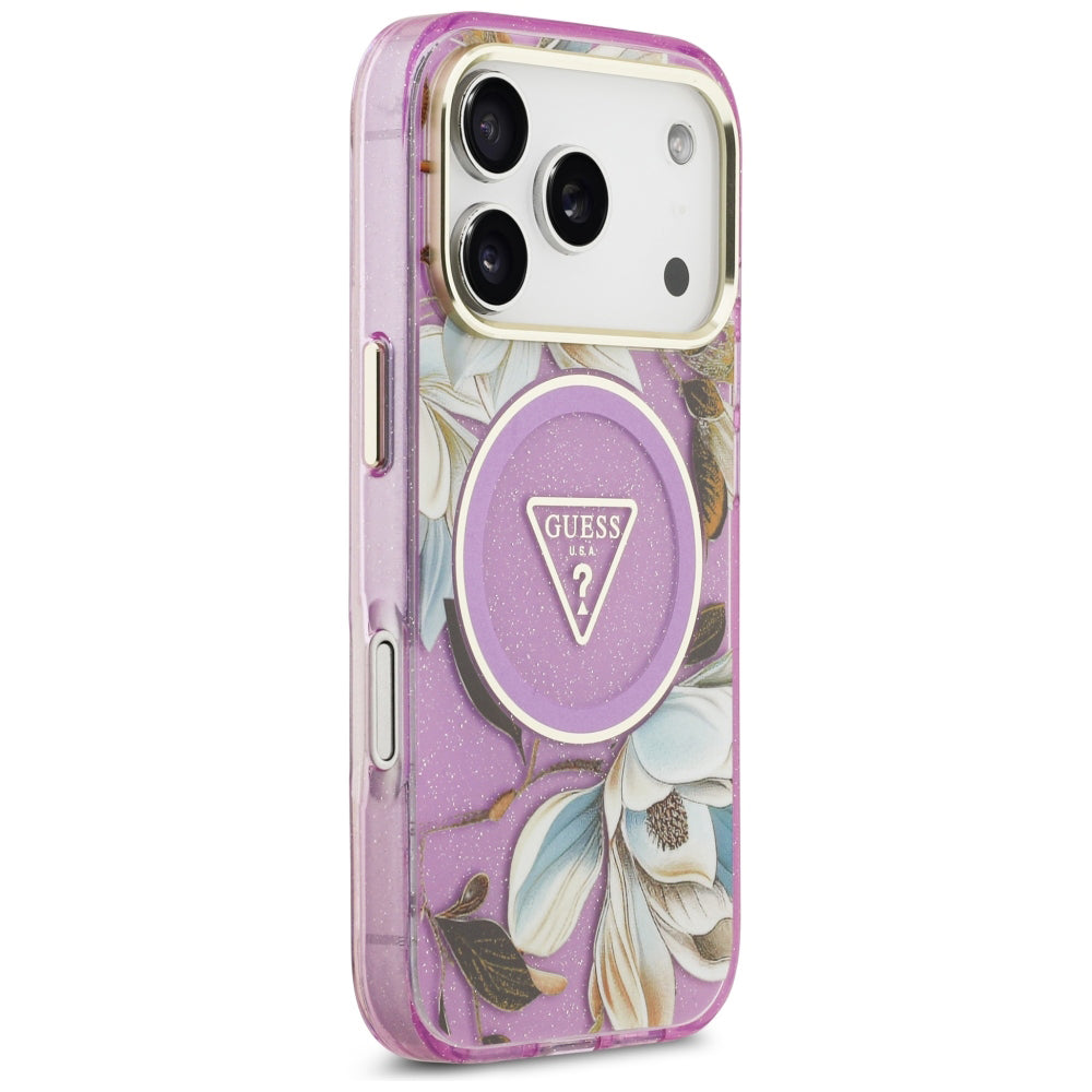MagSafe-kuori Apple iPhone 18 Pro / 17 Pro:lle, Guess, IML Metallikiilto Kukat Kolmio, Violetti