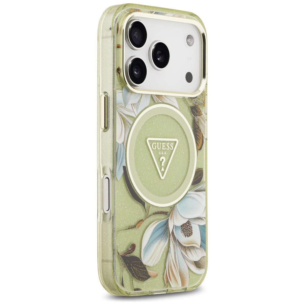 MagSafe-kuori Apple iPhone 18 Pro / 17 Pro:lle, Guess, IML Metal Glitter Flowers Triangle, Vihreä