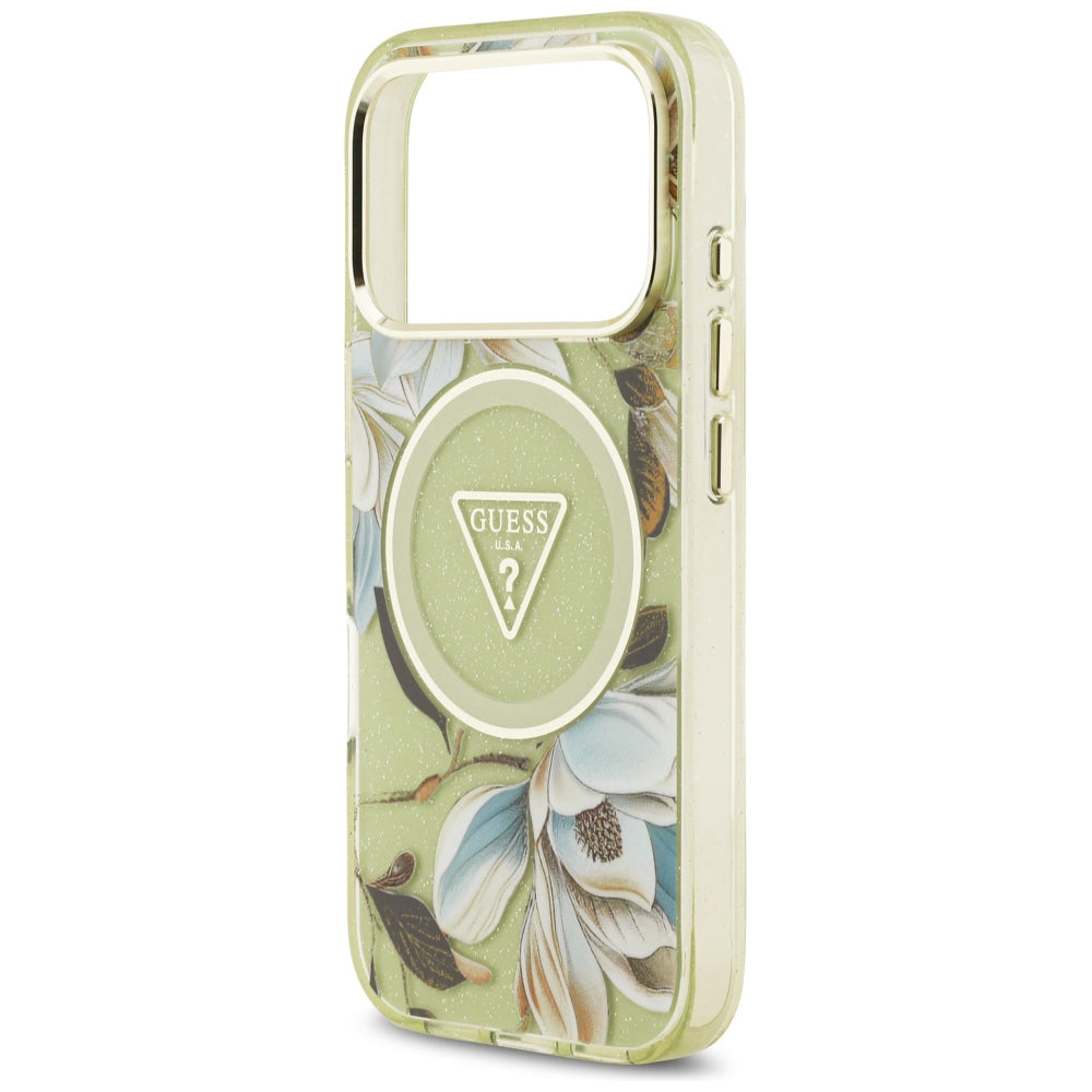 MagSafe-kuori Apple iPhone 18 Pro / 17 Pro:lle, Guess, IML Metal Glitter Flowers Triangle, Vihreä